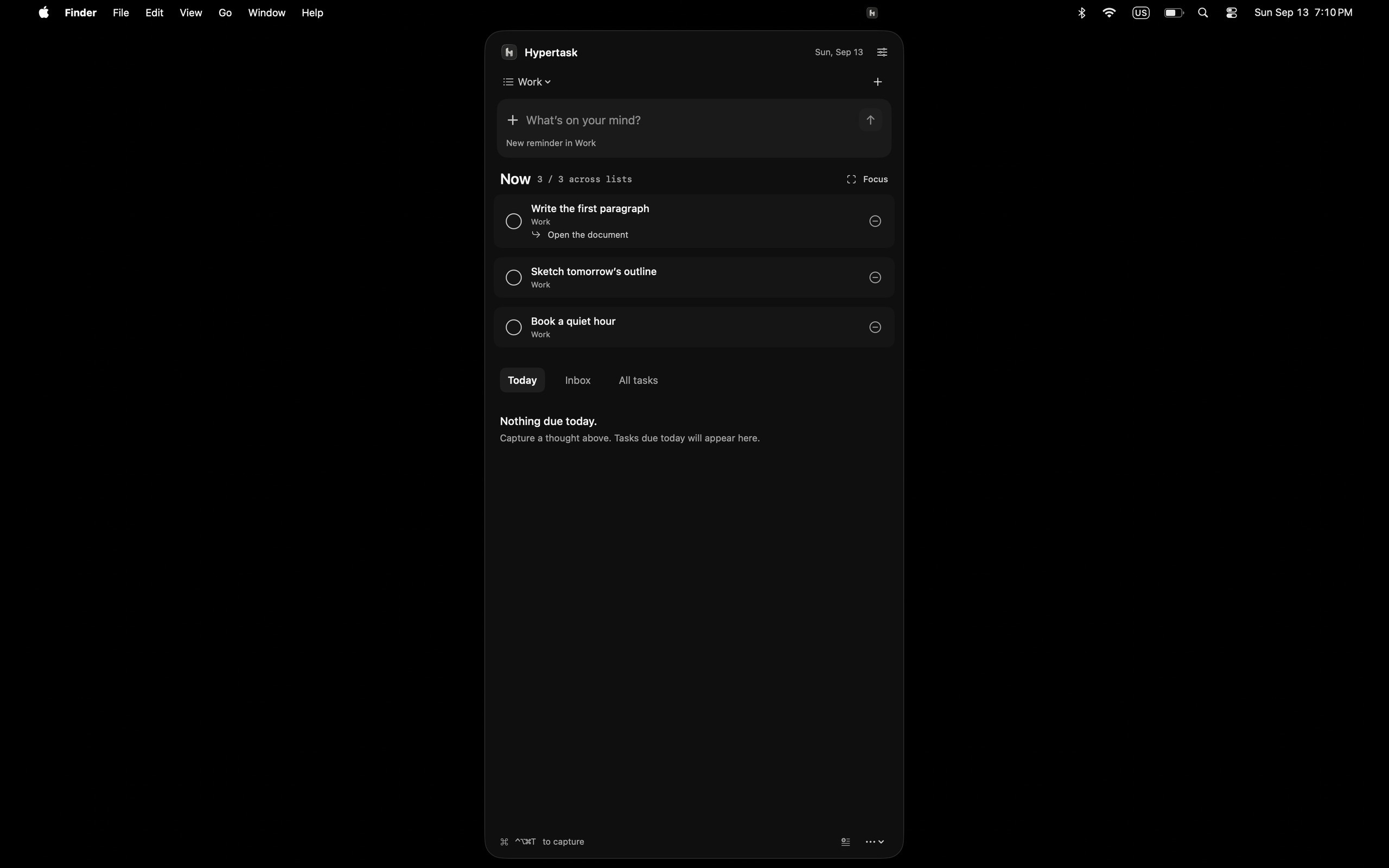 Hypertask hanging from the Mac menu bar, with a short Now list and a capture field.